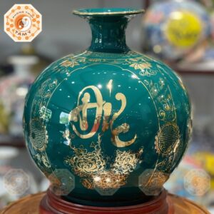 Bình Hút Tài Lộc Màu Xanh Vẽ Vàng Phúc Đức Tài Lộc 25cm