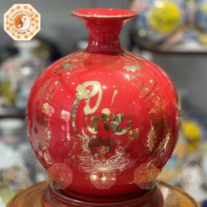 Bình Hút Tài Lộc Màu Đỏ Vẽ Vàng Phúc Đức Tài Lộc 25cm