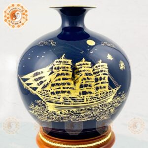 Bình Hút Tài Lộc Màu Xanh Tím Than Vẽ Vàng Thuận Buồm Xuôi Gió Cao 25cm