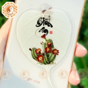 Lá Bồ Đề Thư Pháp Chữ Bình An Hình Hoa Xương Rồng